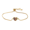 pulseiras de diamante ajustáveis, conjunto de pavimentação de cobre banhado a ouro colorido zircão pulseiras de coração joalheria OEM
